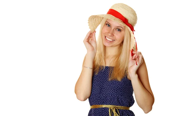 Piękne młode blond kobieta w słomkowym kapeluszu — Zdjęcie stockowe