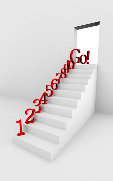 Монохромный 3D рендеринг изображения лестницы с красными номерами — стоковое фото