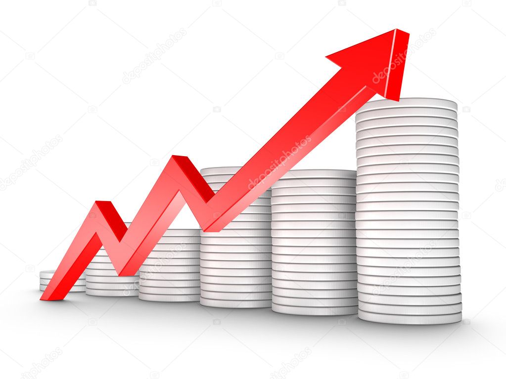Red Arrow and Coins Growth Chart isolated on white