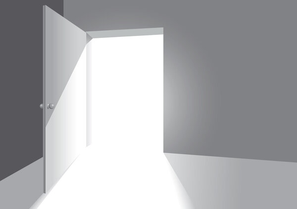 An open door in a grey room