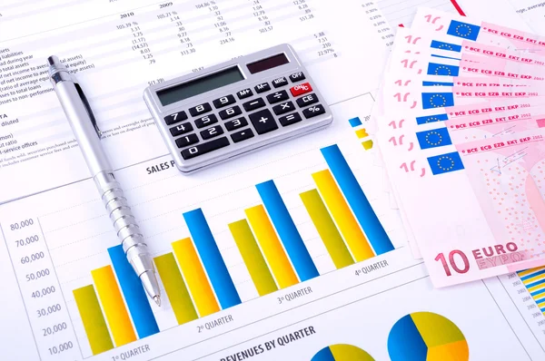 Financial Analysis with charts and european currency — Stock Photo, Image