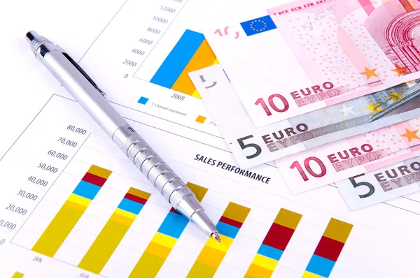 Financial Analysis with charts and currency — Stock Photo, Image