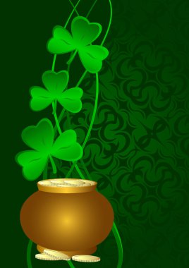 Shamrocks and a pot of gold on a green background.Postcard St. Patrick's Day. clipart