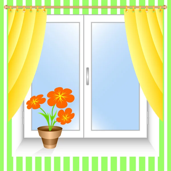 Fenêtre Rideaux Jaunes Pot Fleurs Sur Rebord Fenêtre — Image vectorielle