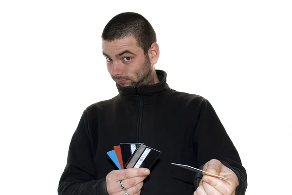 Muž nabízí kreditní karty — Stock fotografie