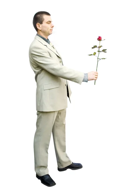 Молодой Бизнесмен Держит Руках Красную Розу — стоковое фото