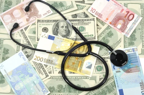 Medical Stethoscope Euro Dollars Closeup — Stock Photo, Image