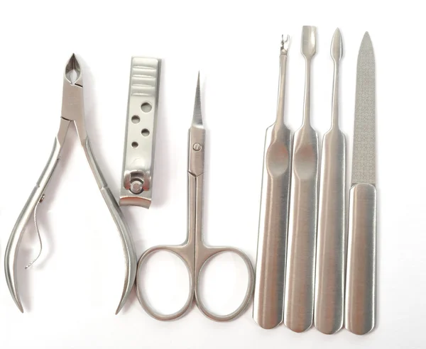 Stalen Manicure Tools Geïsoleerd Een Witte Achtergrond — Stockfoto