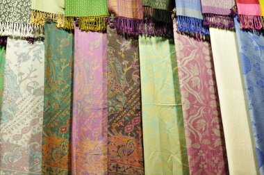 Turkey, Istanbul, Grand Bazaar (Kapali Carsi), pashmina and silk scarfs for sale clipart
