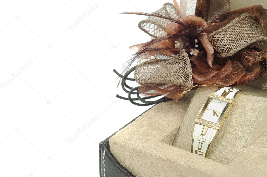 Woman watch in open box on a white background