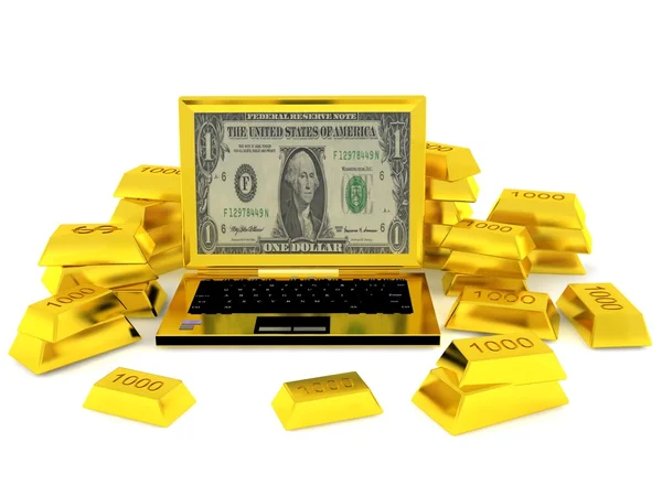 Golden success computer with golden bars — Stock Photo, Image