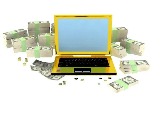 Golden success computer and money around it — Stock Photo, Image