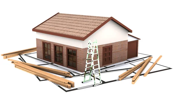 Three dimentional house standing on the plan — Stock Photo, Image