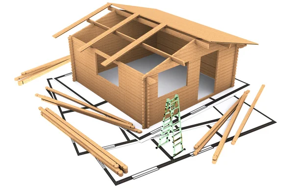 Tiga dimensi rumah kayu kayu berdiri pada rencana Stok Gambar