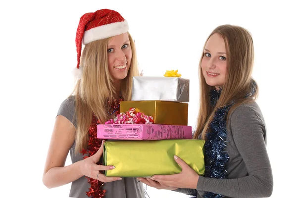 Beautiful young women with gifts for Christmas and New Year - is — Stock Photo, Image