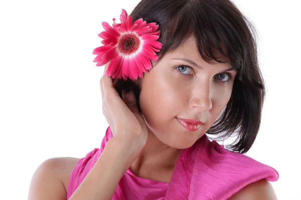 Portré egy gyönyörű nőről egy virággal — Stock Fotó