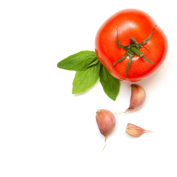 Świeże pomidory, bazylią i czosnkiem na białym tle — Zdjęcie stockowe