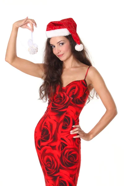 Schöne Frau als Weihnachtsmann gekleidet — Stockfoto