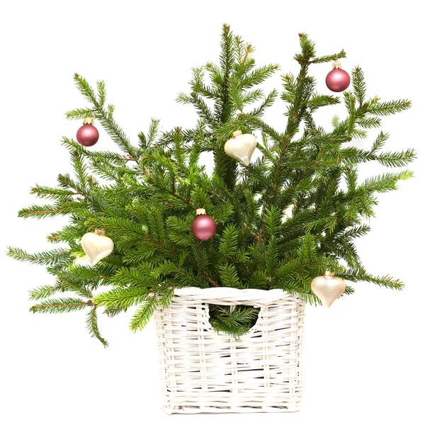 Kerstmis fir met decoratie op wit wordt geïsoleerd — Stockfoto