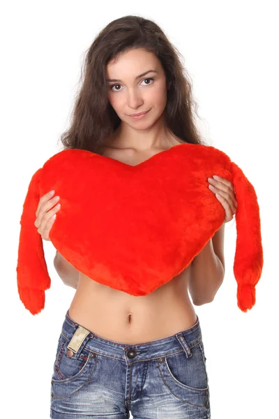 Krásná žena, držící červená srdce — Stock fotografie