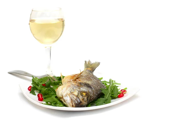 Gourmet food - grilled fish and wine — Stock Photo, Image