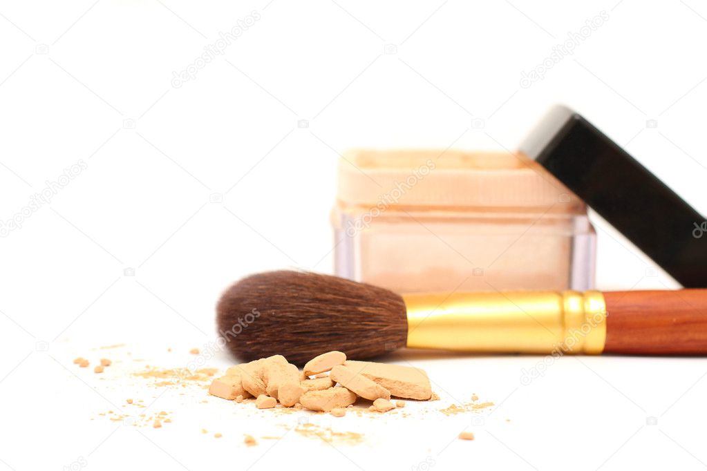 Powder, a jar with foundation and professional brush isolated on