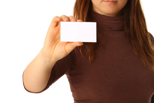 Lege visitekaartje in een vrouwelijke hand — Stockfoto