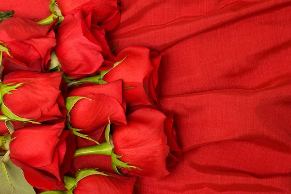 Röda rosor på satin bakgrund — Stockfoto