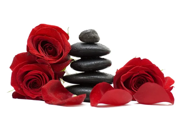 Flowers and spa black stones isolated on white Stock Picture