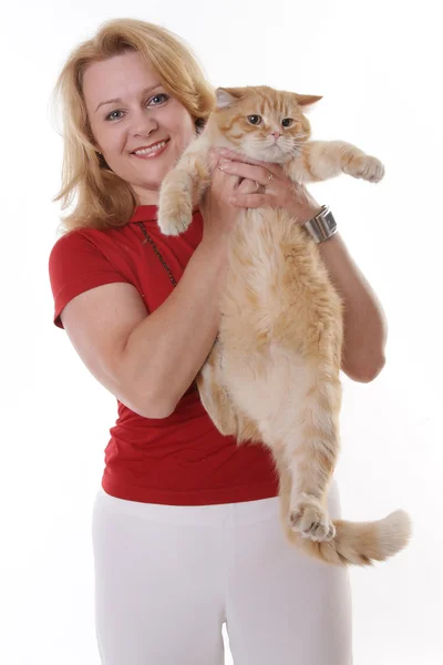 아름 다운 중 년 여자와 그녀의 고양이 — 스톡 사진