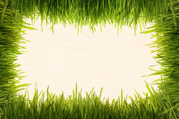 Hierba verde sobre una textura de madera beige —  Fotos de Stock