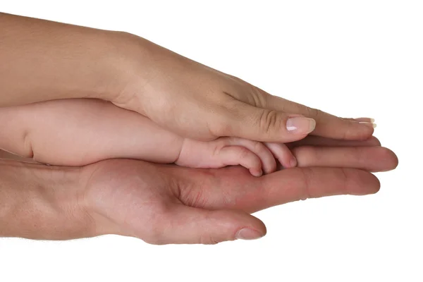 Bebê e pai de mãos dadas, fundo branco — Fotografia de Stock