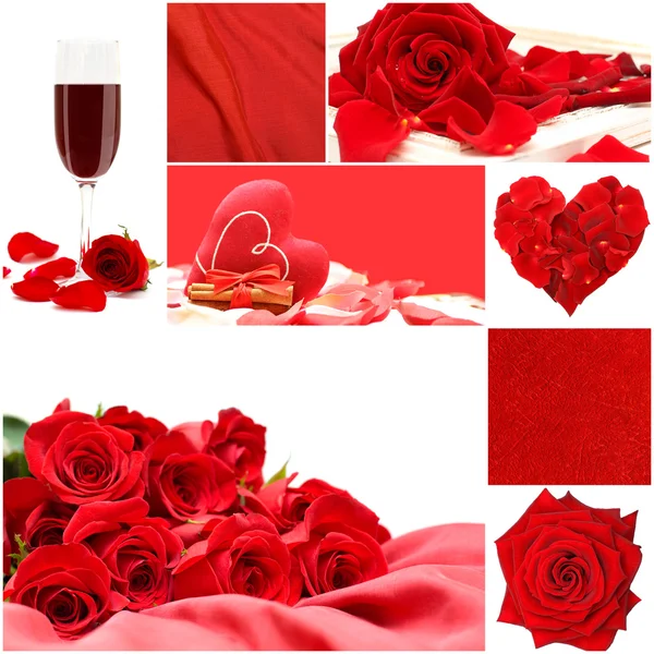 红色的爱拼贴玫瑰花朵 藤蔓玻璃 丝绸和心 情人节背景 — 图库照片