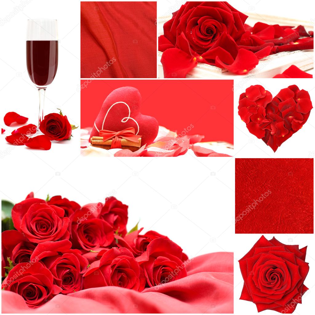Red love collage with roses flowers, vine glass, silk and heart - Valentine's Day background