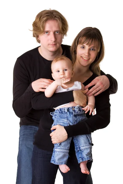 白で隔離される若い陽気な家族 赤ちゃん — ストック写真