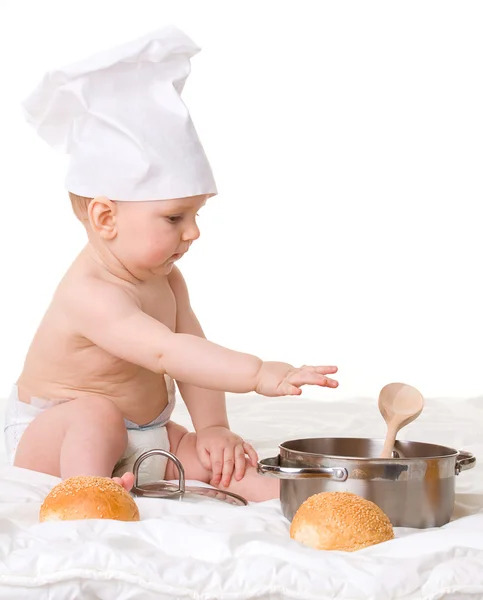 Baby Löffel Topf Und Brot Isoliert Auf Weißem Hintergrund — Stockfoto
