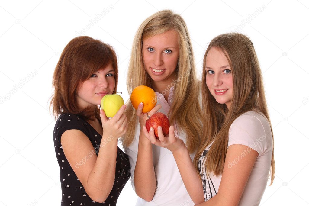 Beautiful young women with fruit - apple and orange fruit