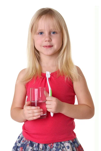 Portrait Cute Little Girl Brushing Teeth — Stock Photo, Image