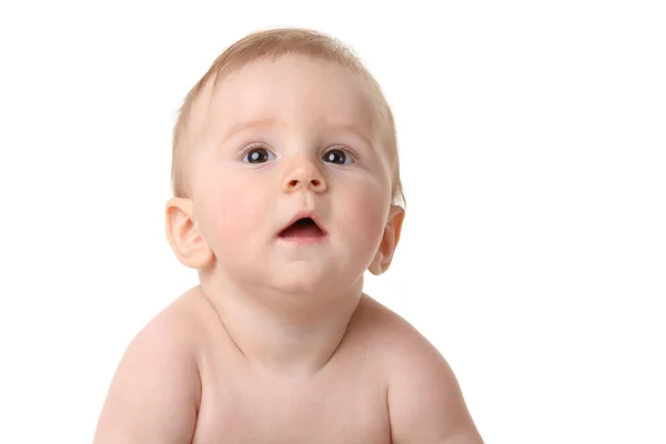 Pouco Surpreendido Bebê Olhando Para Cima Isolado Fundo Branco — Fotografia de Stock