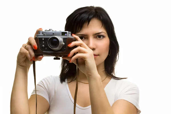 stock image Lovely girl with old rangefinder camera isolated on white