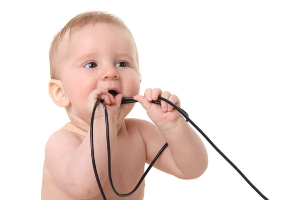 Baby with computer wires isolated on white background — Stock Photo, Image