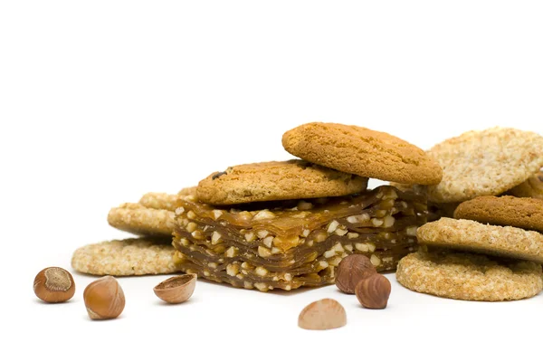 stock image Chocolate chip cookies, nougat and nuts isolated