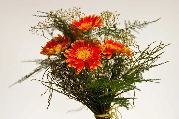 Bouquet de fleurs rouges et jaunes avec une décoration verte Images De Stock Libres De Droits