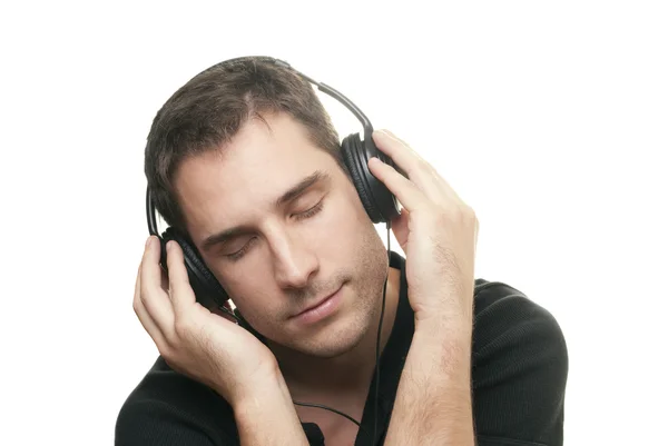 Knappe Man Muziek Luisteren Geïsoleerd Witte Achtergrond — Stockfoto