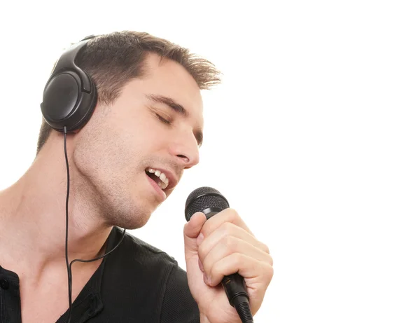 Homem Bonito Cantar Isolado Sobre Fundo Branco — Fotografia de Stock