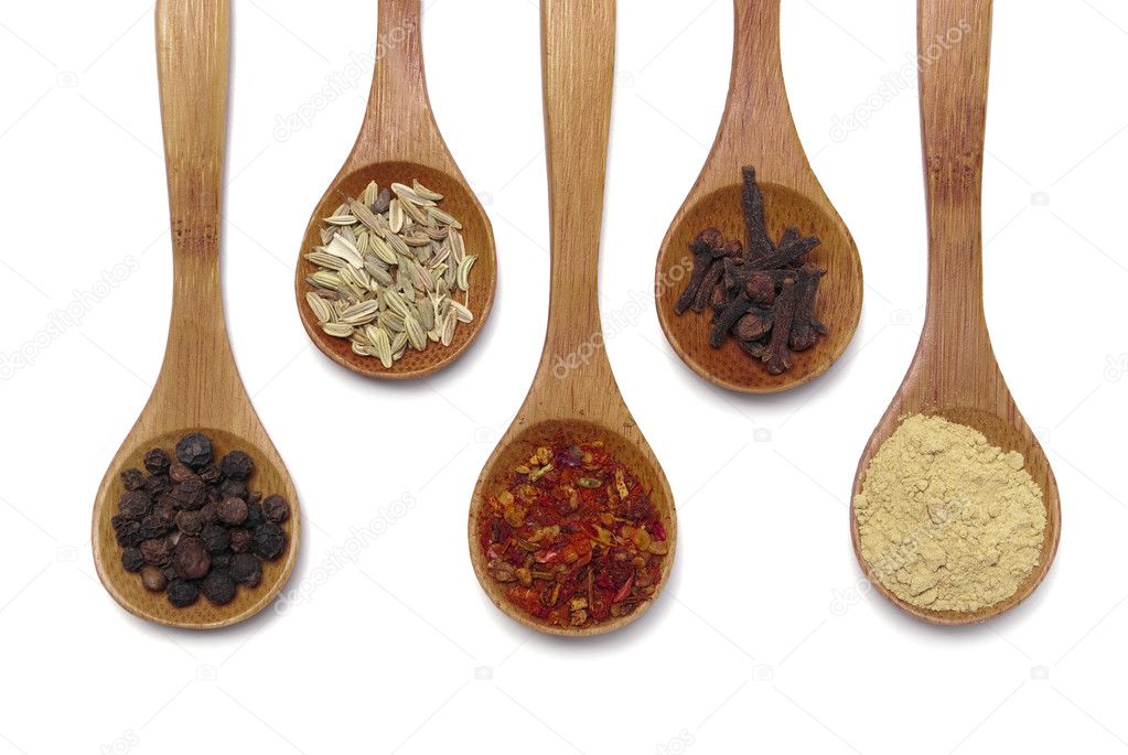 Various of spices in wooden spoon isolated over white