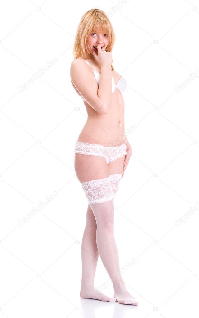 Sexy underwear girl in white background.