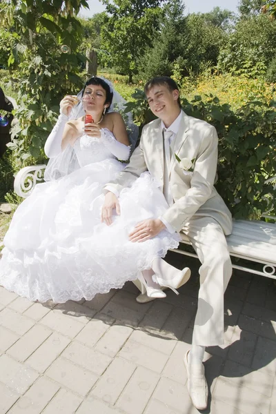 Sposa e sposo seduto su una panchina del parco — Foto Stock