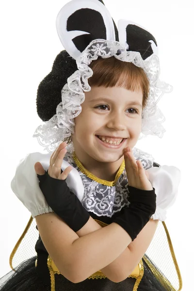 Klein meisje is gekleed op bee kostuum — Stockfoto