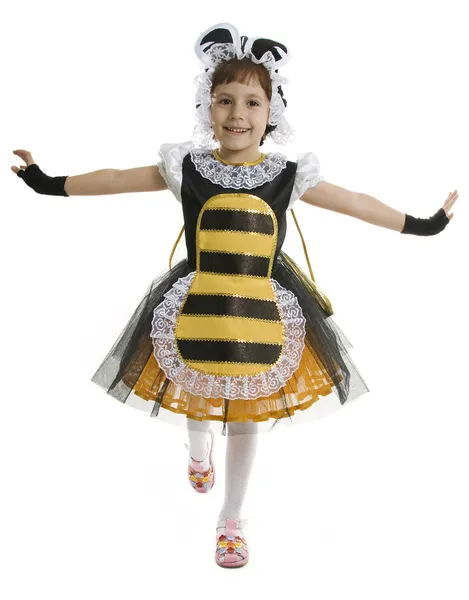 Menina pequena está vestida com traje de abelha — Fotografia de Stock